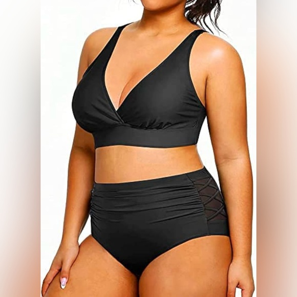 Yonique Womens Plus Size Bikini High Waisted Two Piece Tummy Control Swimwear - Picture 3 of 9